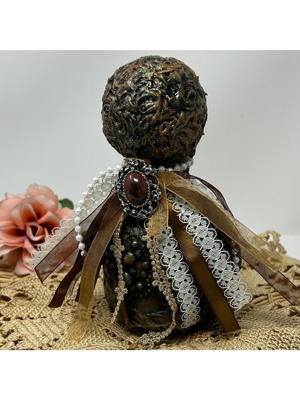 Artistic Brown and Gold Figurine with Lace Accents Handmade Home Decor